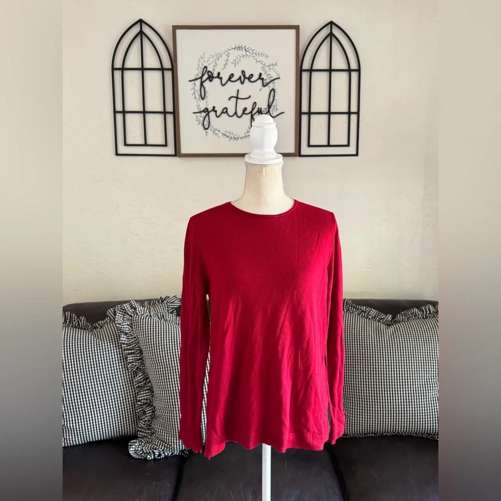 J Jill Bright Red Long Sleeve Crew Neck Sweater Size M Washable 100% Merino Wool
